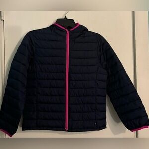 Gap Kids‎ Girls XL Navy Lightweight Puffer Pink Zipper Trim Pockets Hooded